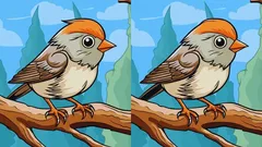 難しい間違い探し：木にとまる鳥の絵で、3つの違いを29秒で見つけよう